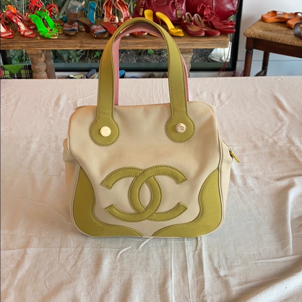 Green and Pink Chanel Canvas Tote Bag
